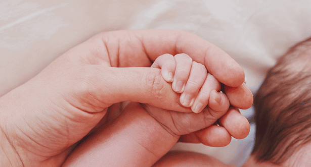 bebê segura o dedão da mão da mamãe