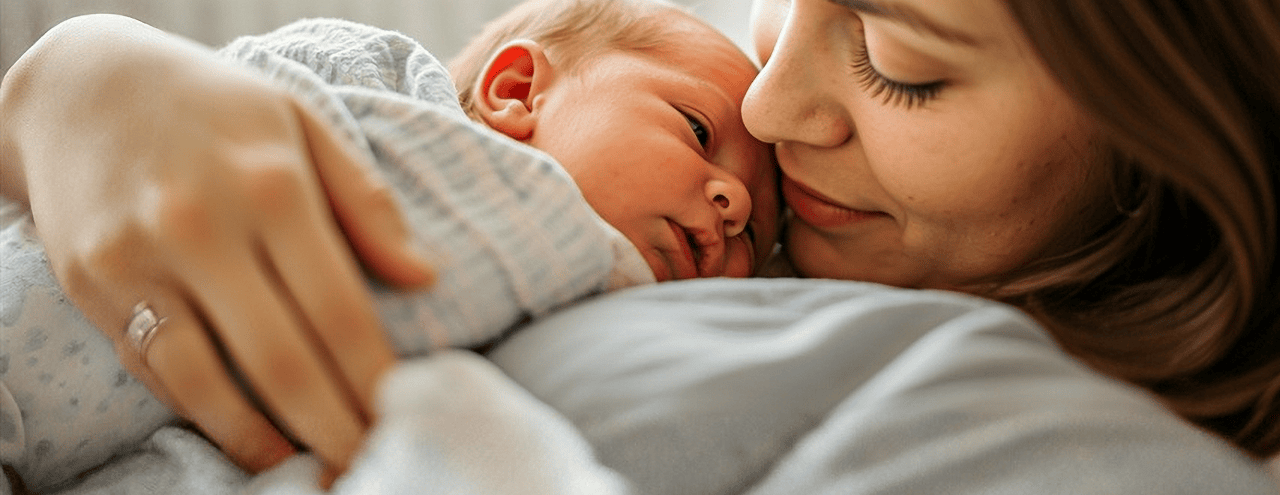 Mãe e bebê recém nascido abraçados em um momento de carinho